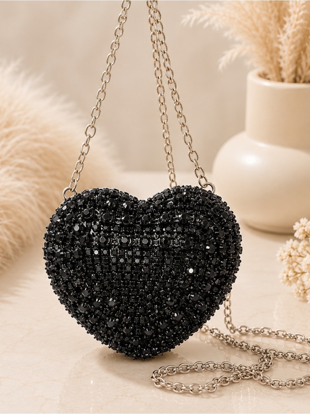 Black Beaded Heart Mini Crossbody Bag with Chain Strap